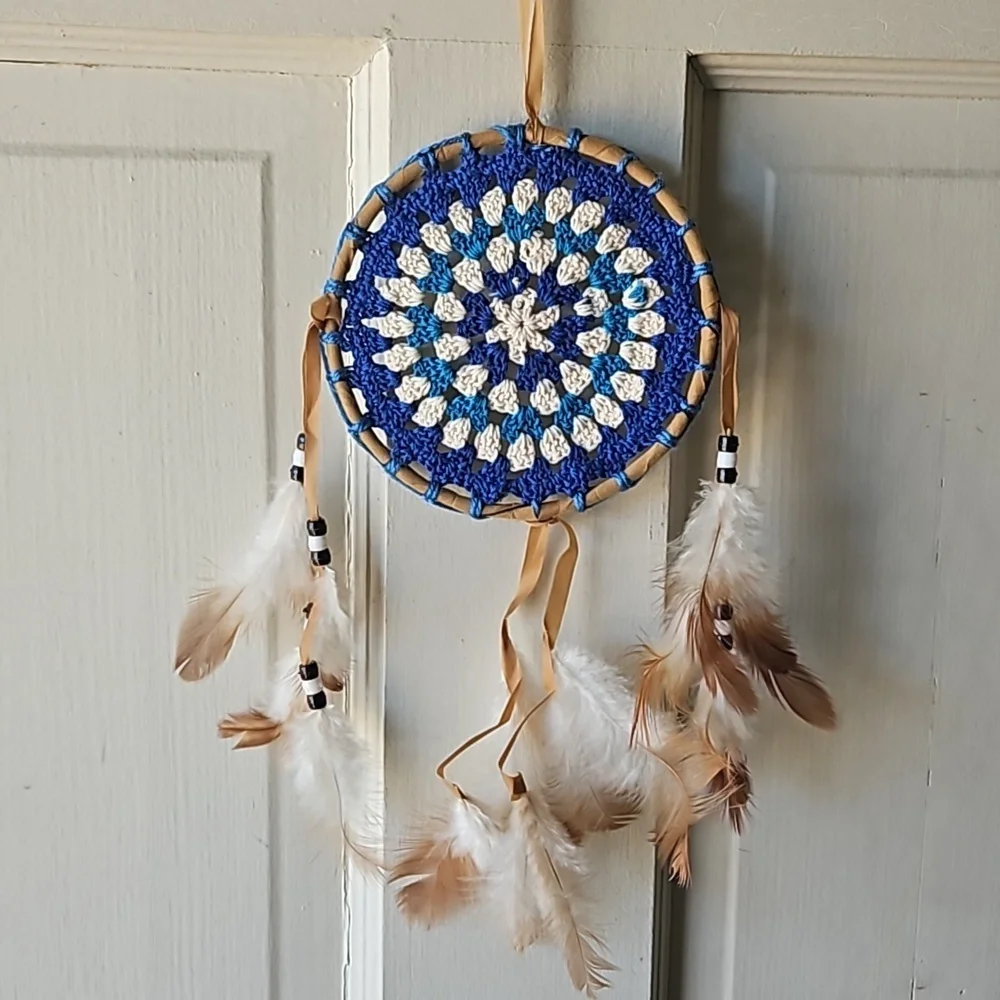 Hand Crafted crochet floral dreamcatcher blue eclectic textile arts wall decor